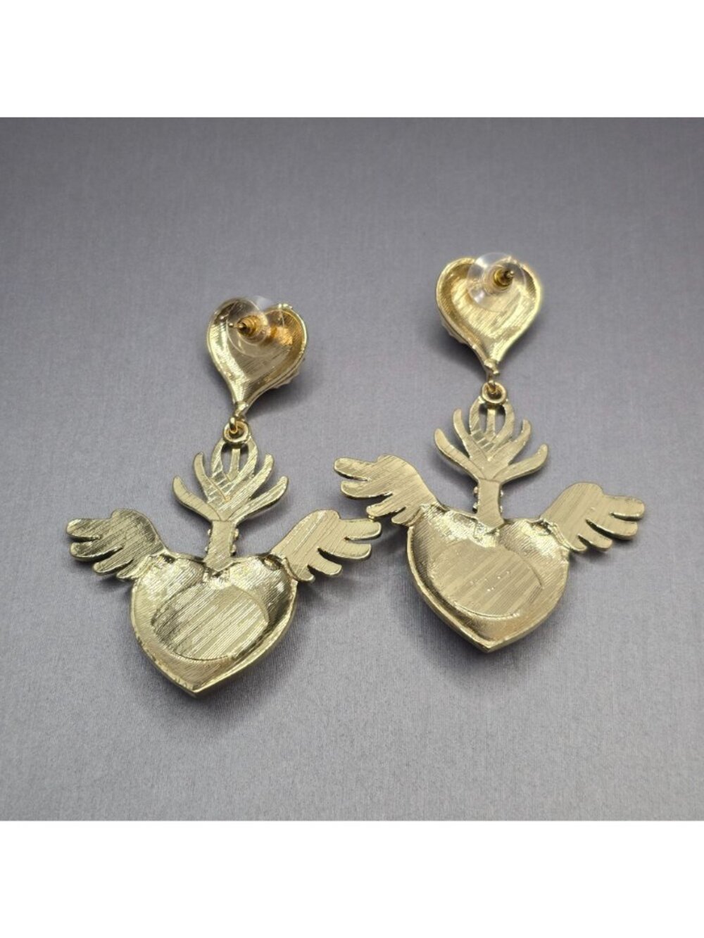 Surrealist Evil Eye Sacred Heart Drop Earrings 3" Gold Red Enamel Statement - Picture 5 of 7